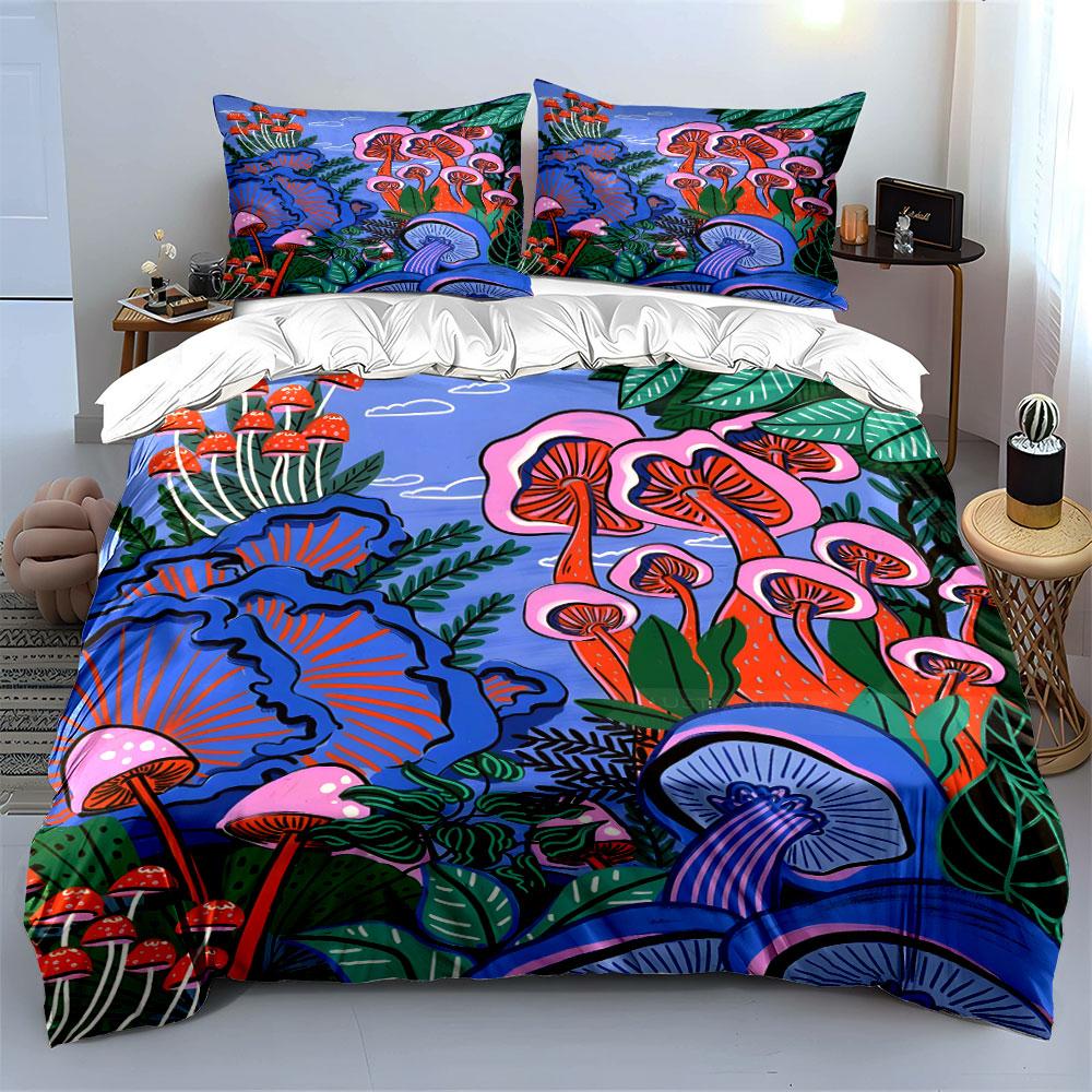Vibrant Mushroom Forest Illustration Print Bedding Set 1 Duvet Cover 2 Pillowcases for Adult and Children Luxury Gift Full Size