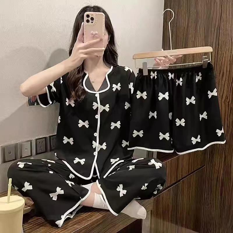 Women's New Pajamas Women's Summer Short-Sleeved Thin Section of The Large Size Loose Simple Lapel Homewear Three-Piece Suit