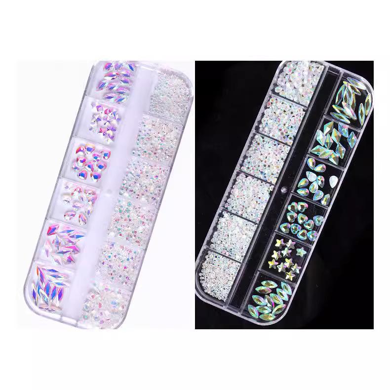 12 ячеек для дизайна ногтей со стразами и плоским дном, специальные формы бриллиантов, смешанные маленькие круглые бриллианты, украшения для дизайна ногтей своими руками