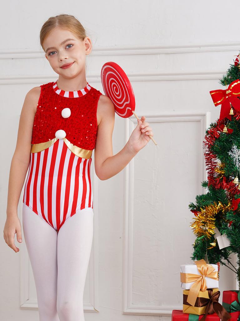 Девочки Рождественский балет Танцевальный купальник Гимнастика Фигурное катание Боди Без рукавов Карамельная трость Полосатый Sequin Комбинезон