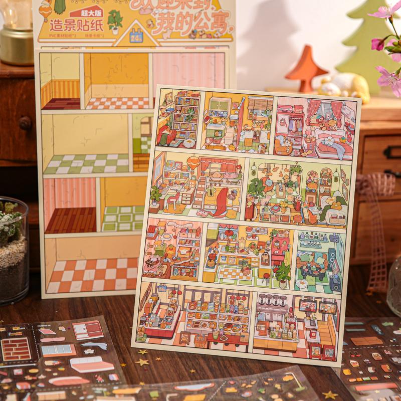 JIAMEI Kawaii 3D Cartoon Apartment Miniature Scene Stickers DIY Stacking Scrapbook Stickers Fun Festival Gifts