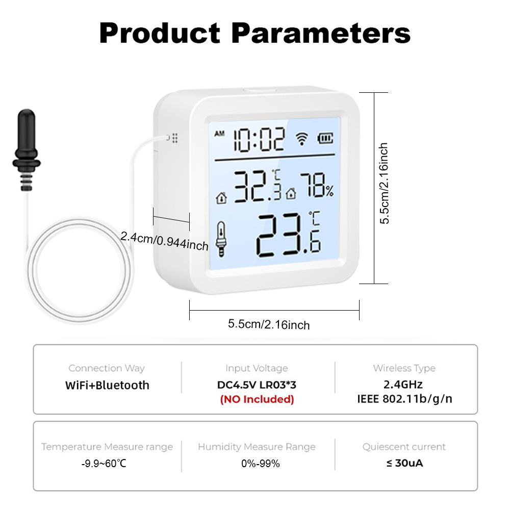 ONENUO Tuya WiFi Humidity Temperature Sensor with External Probe LCD Thermometer for Smart Home APP Monitoring for Refrigerator
