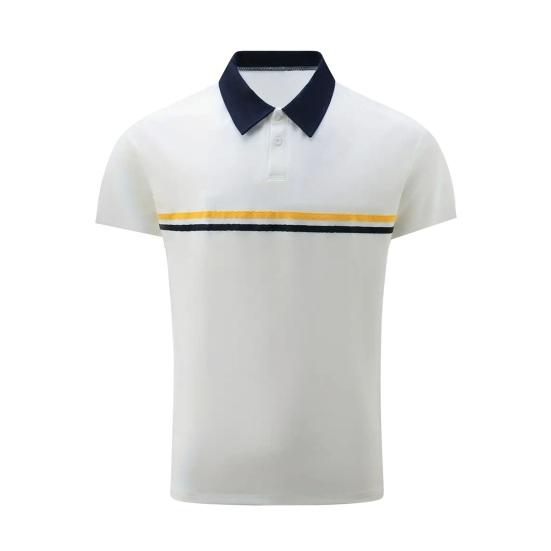 Летний мужской топ с отложным воротником, однотонный лоскутный полосатый принт, приталенный пуловер, мягкая дышащая пуговица, повседневная мужская футболка средней длины