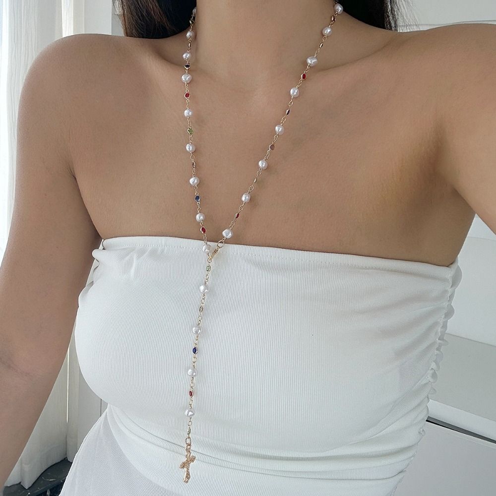 Длинная цепочка с кристаллами Y-образной формы Богемное ретро колье-цепочка на ключицу с подвеской в виде креста Повседневное