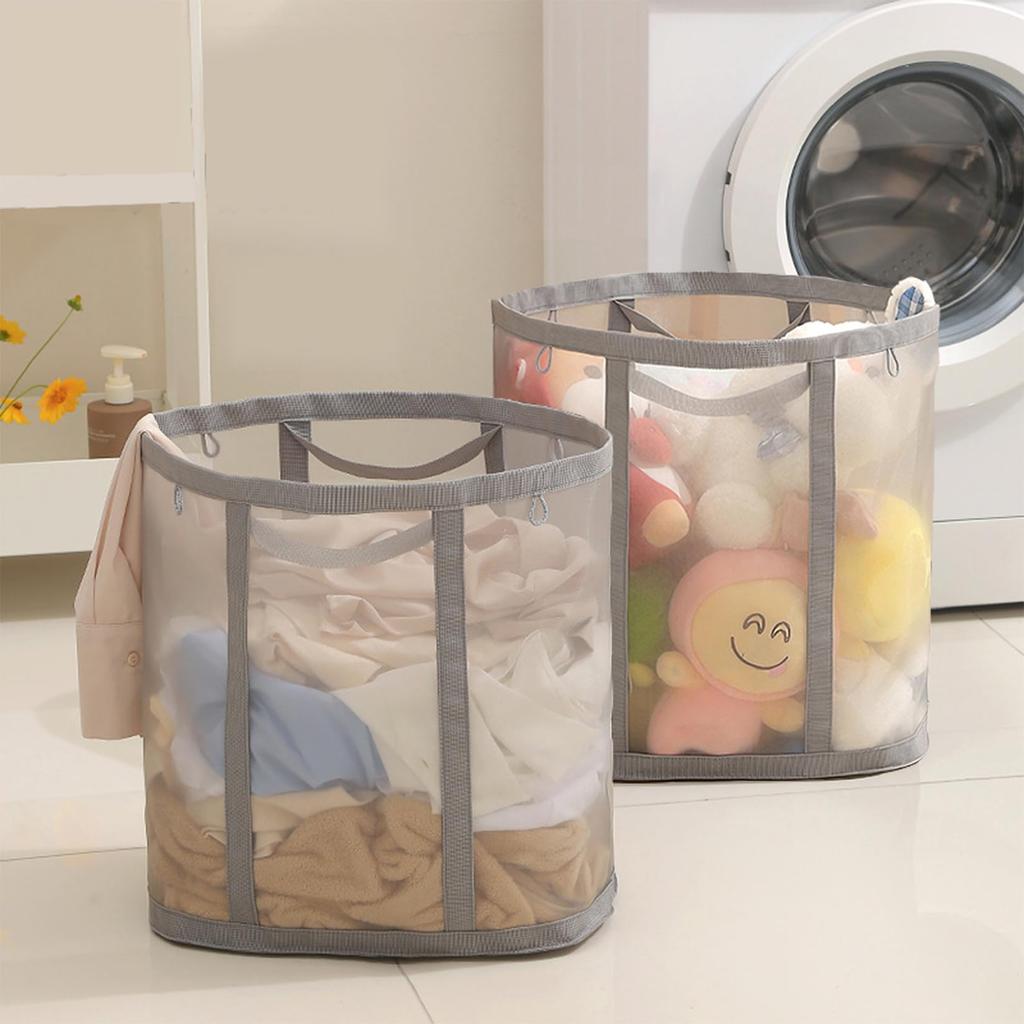2 Pack Grey Mesh Laundry Bags with Handles Collapsible Foldable Baskets for Breathable Storage Beach Trips Travel Dorm Organization