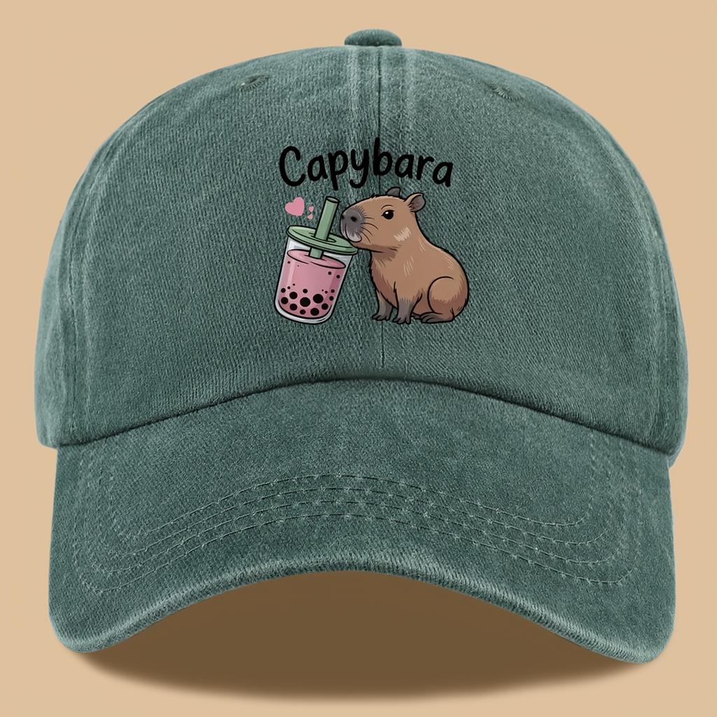pc Cute and Style Design Printed Baseball Cap with Capybara Drinking Milk Tea Print Urban Casual Headwear Black Papa Trucker