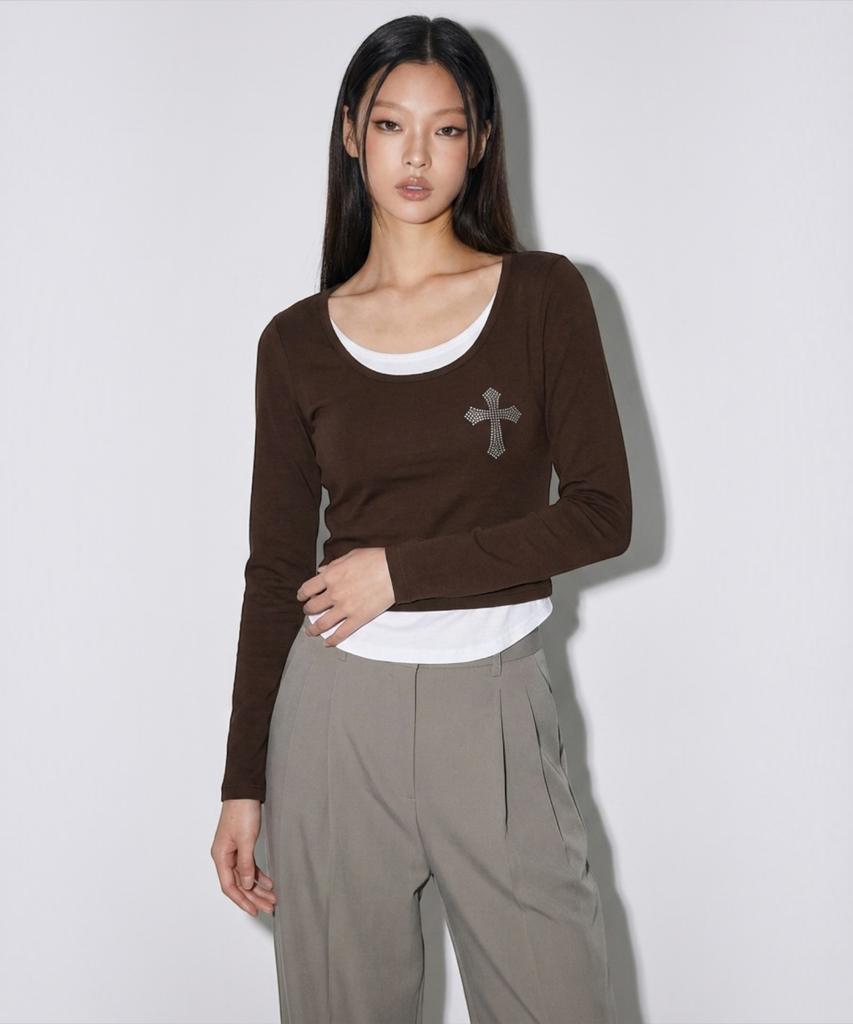 BORN SLIPPY Crystal Cross Layered Long Sleeve Tee (Brown)