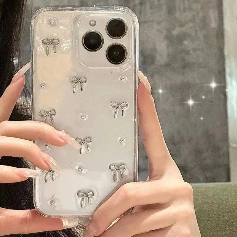 INS Japan Korea 3D Silver Bowknot Phone Case For iPhone 16 Pro Max 15 14 13 12 11 X XS XR 7 Plus Girl Epoxy Clear Glitter Cover