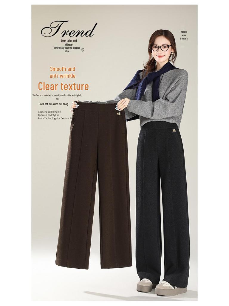 New High-Quality Velvet-Lined Straight-Leg Pants: Smooth, Petite, High-Waisted, and Slimming, Perfect for Women's Autumn Fashion.