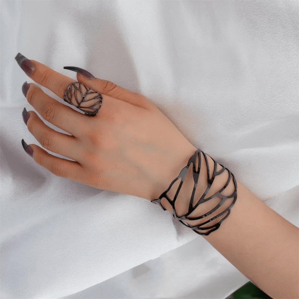 Elegant Open Bangle Ring Set Vintage Retro Jewelry Set Trendy Hollow Leaf Bangle Special Occasions