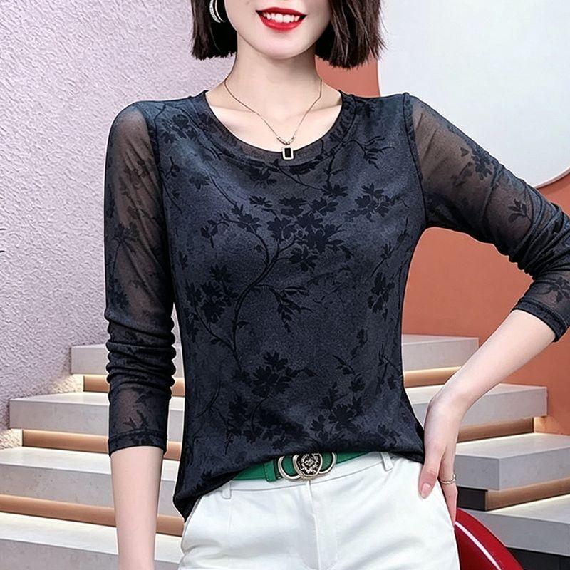 Women S Long Sleeve V Neck Printed Thin Mesh T Shirt