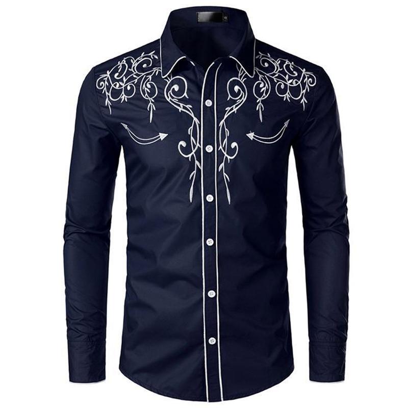 Mens Western Cowboy Shirt Long Sleeve Retro Embroidery Casual Buttons Down Shirt