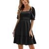 Short Puff Sleeve Dress Women Fashionable Casual Elegant Pure Color Shirred Dress for Office Work