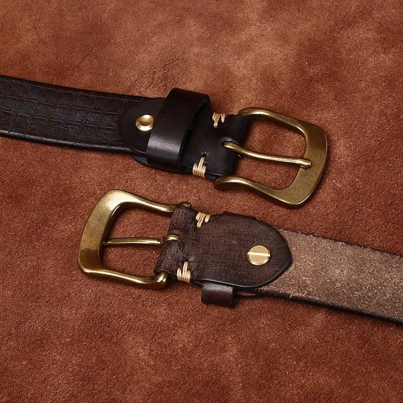 3.8CM High Quality Pure Cowhide Genuine Leather Men's Brass Buckle 5.5mm Thick Belts Retro Jeans Waistband Male Belts for Men
