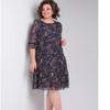 2025 Spring/Summer European & American Women's Plus Size Chiffon Printed Dress with Seven-Sleeve Design