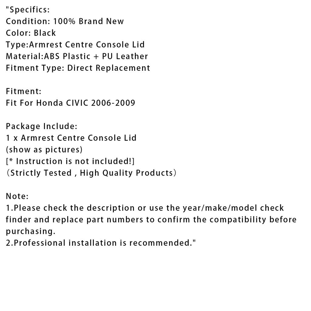 Черная кожаная крышка подлокотника центральной консоли для Honda CIVIC 2006-2009