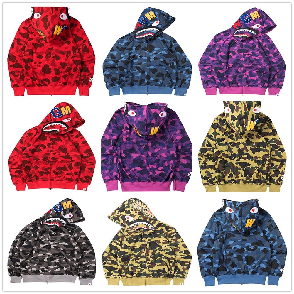 Мужская Bape Женская Толстовка на молнии с принтом акулы Модная уличная одежда