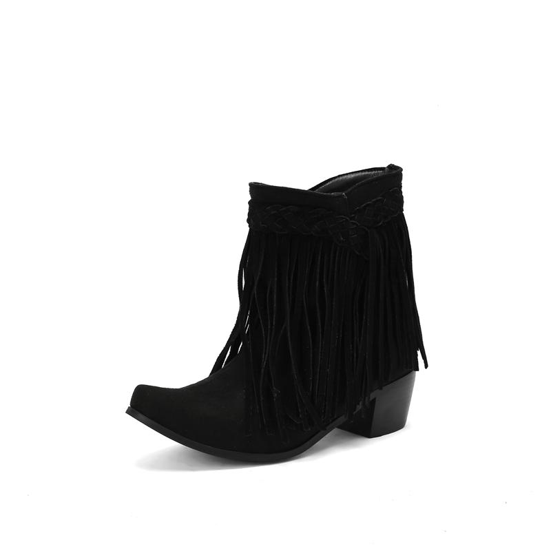 Autumn Winter Women Retro Tassel Ankle Boots Faux Suede High Heels Women Western Cowboy Fringe Booties Plus Size 46 Woman Shoes