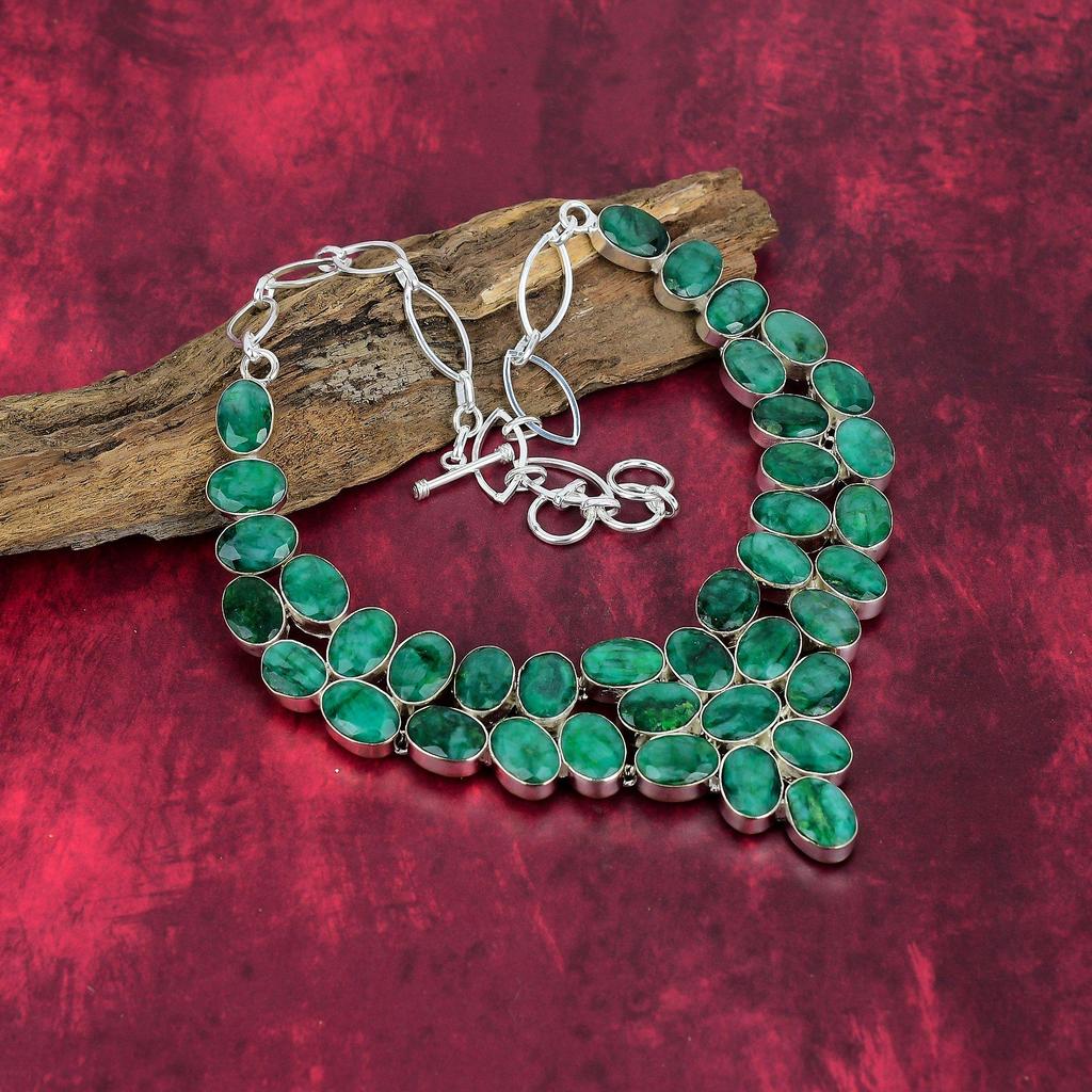 Emerald Gemstone Jewelry, Handmade 925 Solid Sterling Silver Jewelry, Necklace & Bracelet Jewelry Set For Thanksgiving Gift