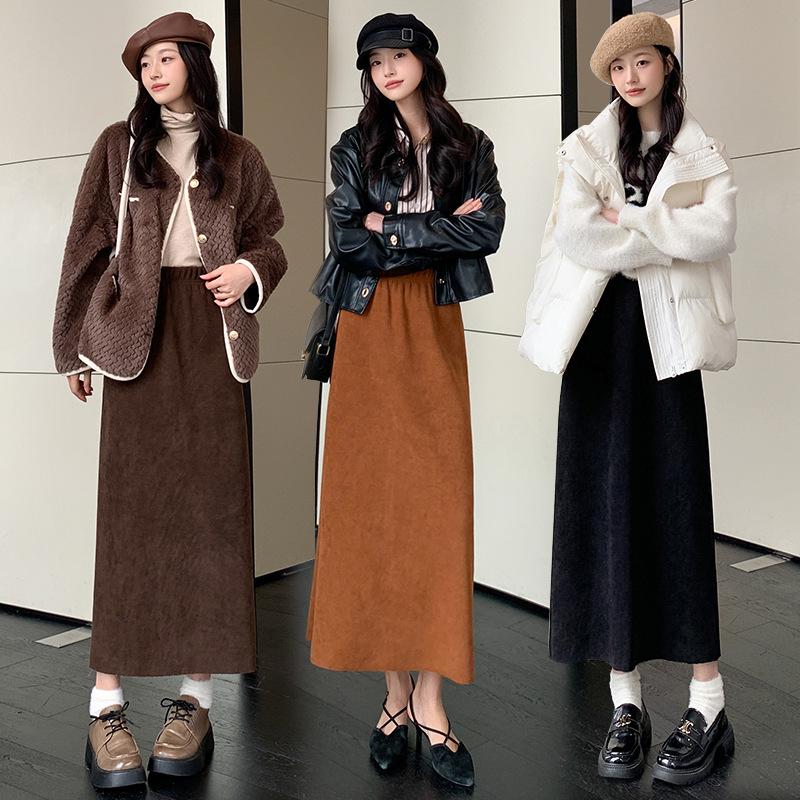 Maillard High Waist Wool Skirt for Women - Plus Size Autumn/Winter Slimming, High-End Design, Long Slit.