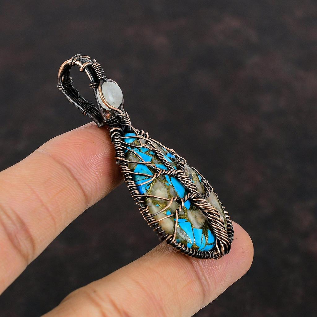 Древо Жизни Розовый Опал Медь Бирюзовый Подвеска Медная Проволока Обернутая Подвеска Подвеска Из Драгоценного Камня Ювелирные Изделия Ручной Работы Из Медной Проволоки Подвеска из Лунного Камня