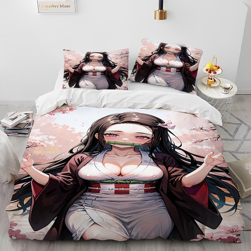 Demon Slayer Bedding Set Kamado Nezuko Duvet Cover Set Bedspread Pillowcase King Queen Full Single Size Bed Linen Kids Teen Gift