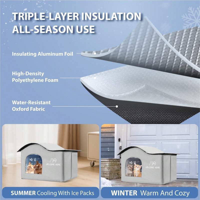 cooling and warm Foldable Insulated Cat Cooling House with Ice Packs and Reversible Mat, 3 Sizes for Indoor/Outdoor Use