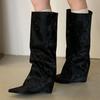 Новый Дизайн Плиссированные Танкетки Женские Сапоги до Колена Осень Зима Острый Носок Длинные Ботильоны Модные Высокие Каблуки Женская Обувь
