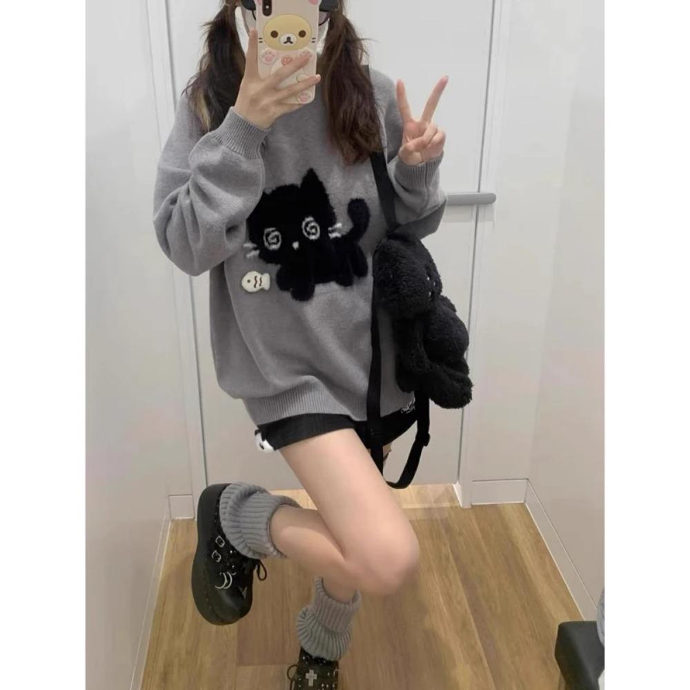 Kawaii Серые женские свитера Японский стиль Preppy Вязаные пуловеры Милые свободные джемперы Милая Harajuku Soft Girl