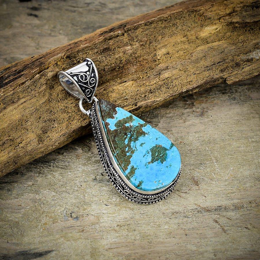Tibetan Turquoise Gemstone 925 Sterling Silver Jewelry Pendant 2.09" M-36