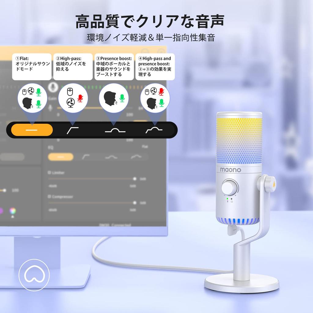 MAONO USB-конденсаторный микрофон Игровой микрофон Микрофон для ПК Специальное программное обеспечение RGB-подсветка Выходной разъем для наушников Однонаправленный Plug Play