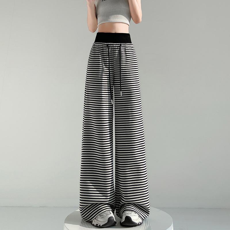 Полосатые брюки широкие от бедра Весна и Лето Эластичные на кулиске Высокая посадка Драпирующиеся Ленивые Повседневные Прямые Брюки-швабры