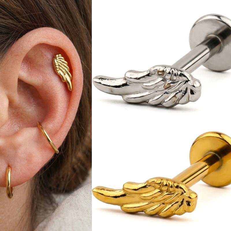 Титановые серьги-гвоздики с крылом, плоская задняя часть, 16G, Лабрет, Пирсинг губы, уха, хряща уха, козелка, хряща козелка, завитка, Пирсинг, Украшения