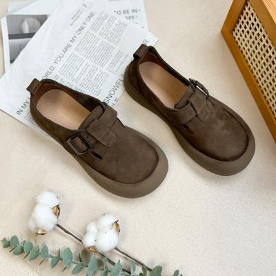Осень новые одинарные туфли первый слой коровья кожа удобные круглый носок плоская подошва толстая подошва ретро ручная работа одинарные туфли волосы