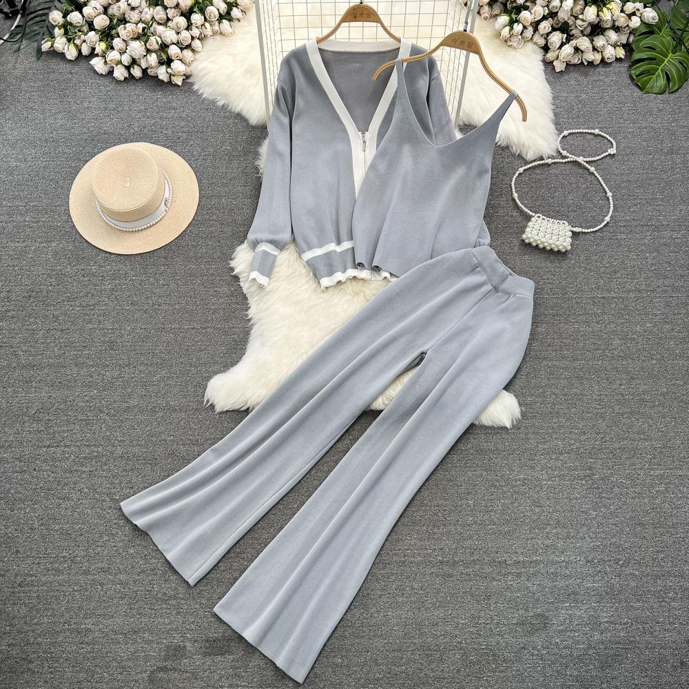 Осень-зима, винтажный однотонный вязаный свитер, брюки, комплект из 3 предметов, женский спортивный костюм, куртка на молнии с длинными рукавами, пальто, жилет, брюки, наряды