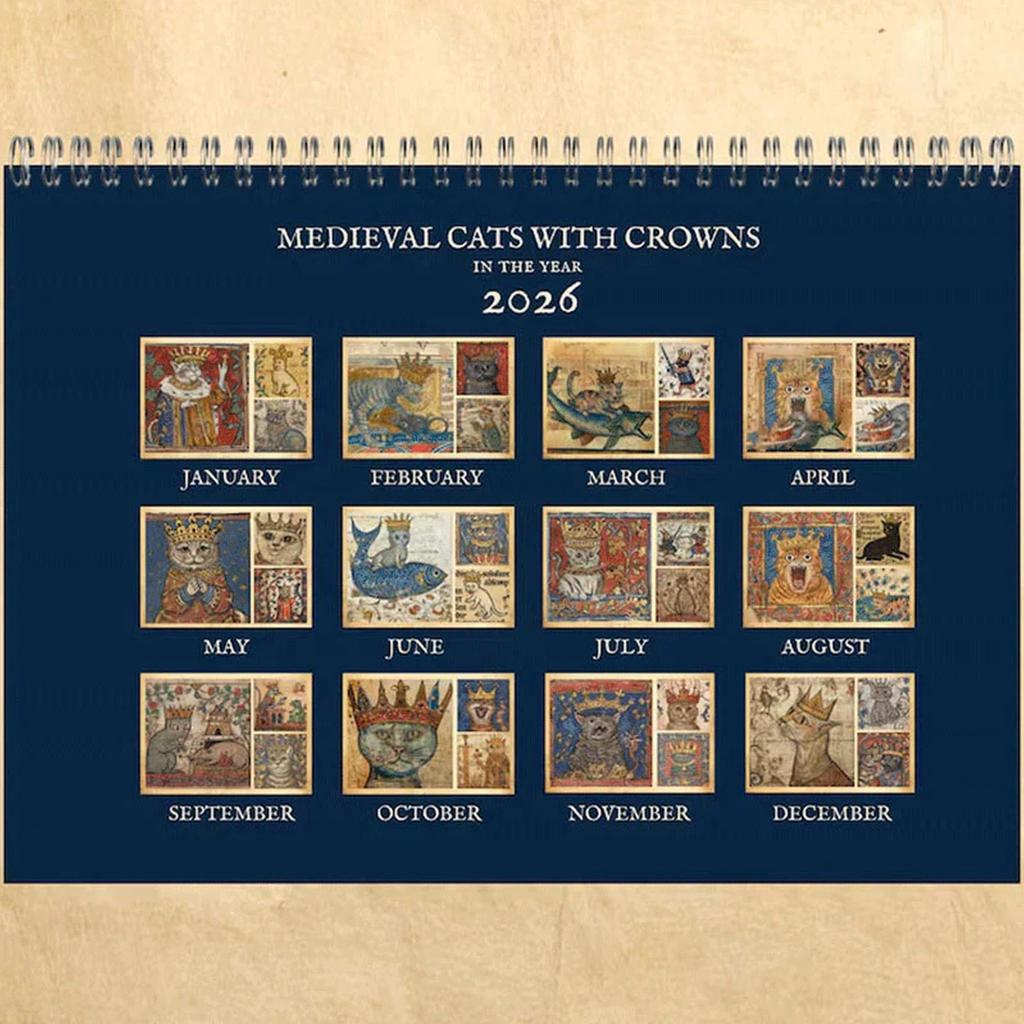 Календарь «Кошки в коронах», Причудливый средневековый календарь с кошачьим искусством, 12-месячные календари с загадкой и очарованием,