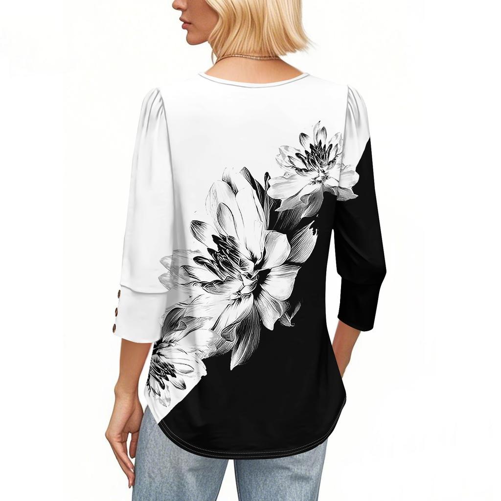Женская мода Повседневная Винтажная Футболка Топ с круглым вырезом и рукавом в семь сложений с цветочным принтом