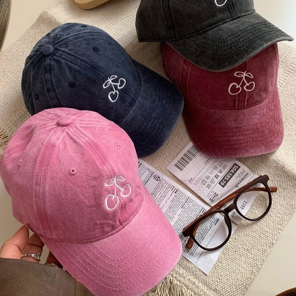 Solid Color Cherry Baseball Cap Embroidered Sunscreen Sun Hat Fashion Peaked Cap Camping
