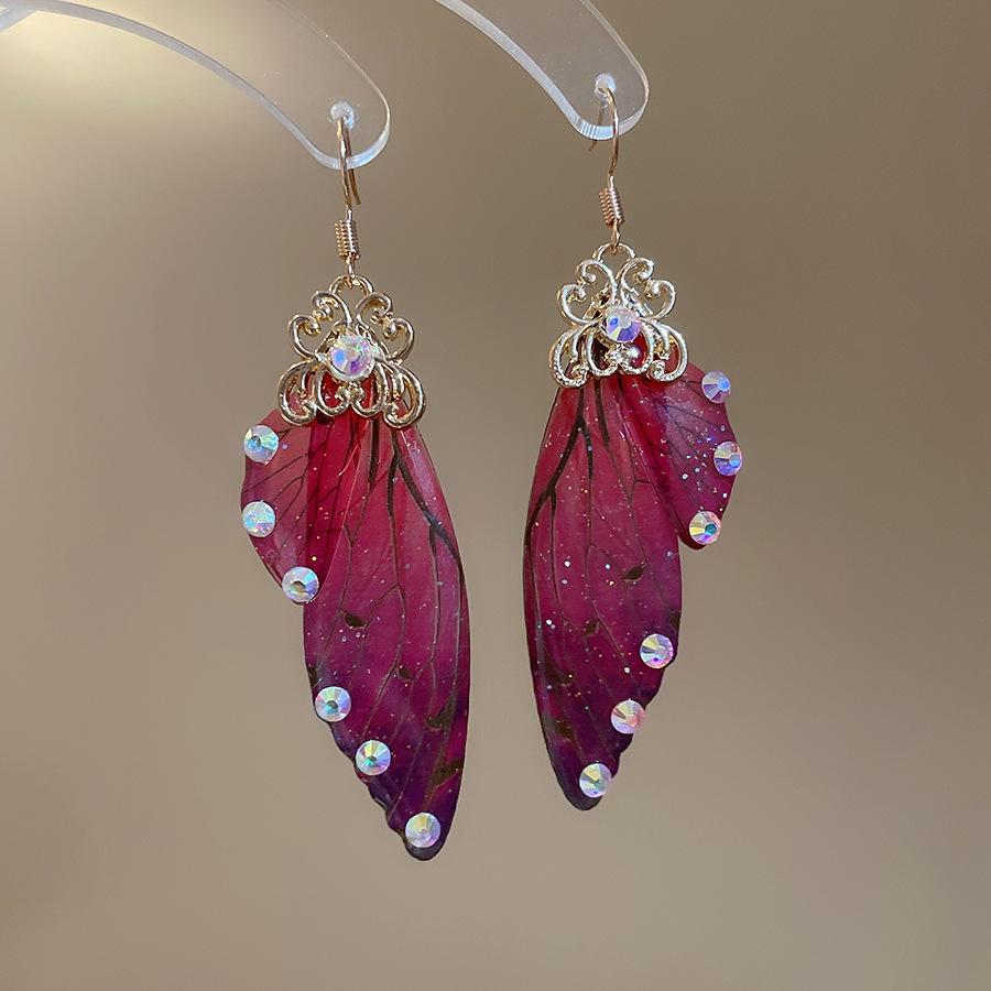 Gold Plated Multicolor Resin Rhinestone Butterfly Wing Long Dangle Earrings for Women Bridal Wedding Jewelry