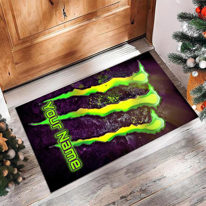 Monster Energy Crystal Velvet Rug, Custom Name Text Personalized Non‑Slip Floor Mat for Home Decor Gift