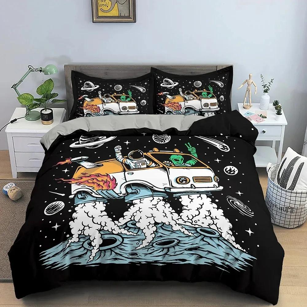 Таинственный комплект постельного белья с изображением инопланетян НЛО, роскошное постельное белье с мультяшным принтом, пододеяльник из полиэстера с наволочкой для декора спальни