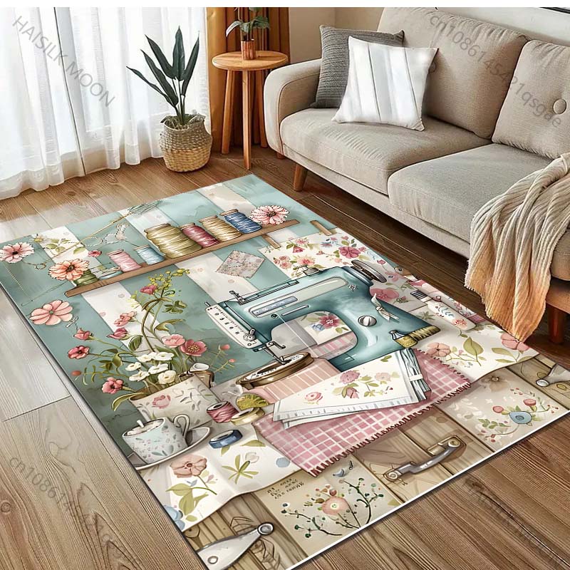 Sewing Machine Retro Style Painting Carpet for Living Room Bedroom Doormat Home Decor Sofa Table Area Rug Non-slip Floor Mat