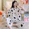2 Piece Set Long-Sleeved Pyjamas Women Silk Sleepwear Autumn and Winter Version Large Size Ladies Cartoon Bear Home Wear