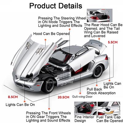 1:24 SLR 722S ONE Модель автомобиля Игрушка Колесо Руль Музыка Свет Оттяжка Регулируемый Хвостовой Спойлер Модели Сплав Литье под Давлением Игрушки для Мальчиков