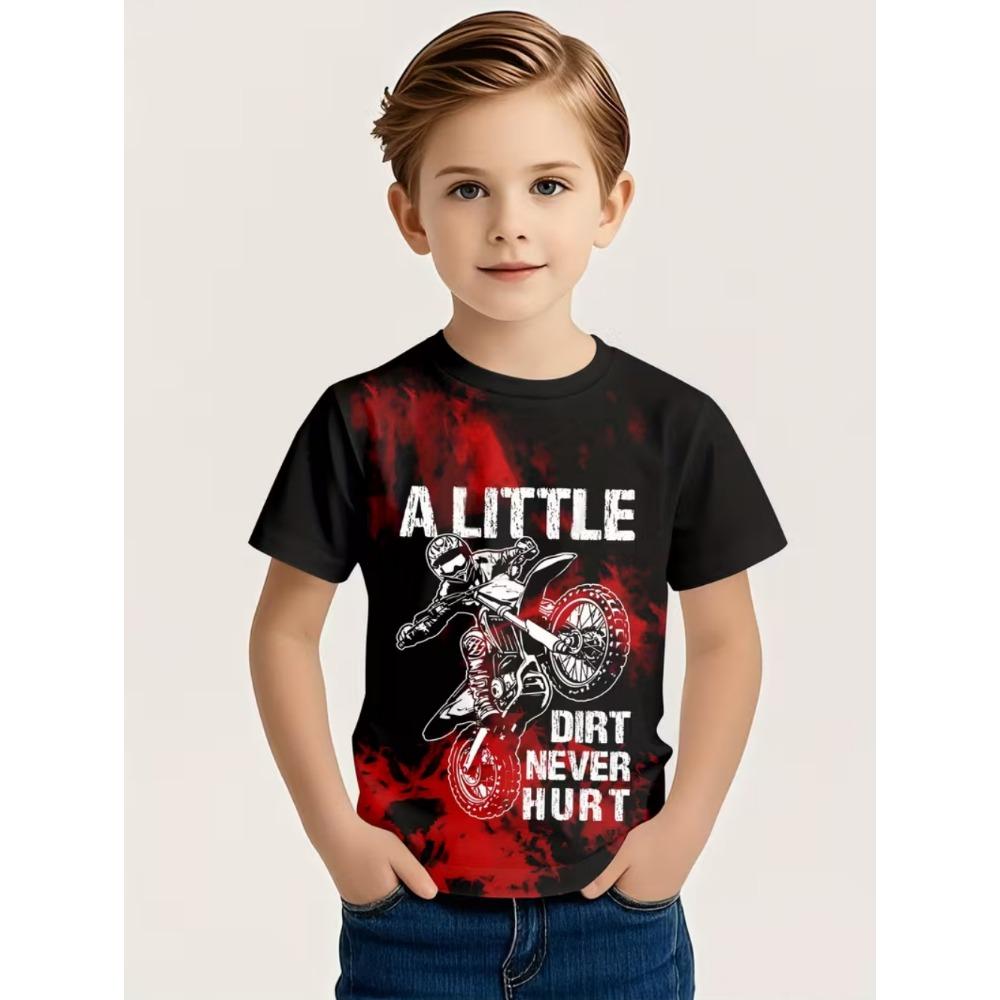 Funny Motorcycle Rider Print Kids Short Sleeves T-Shirt Loose Casual Summer Outdoor Street Boy and Girl Tees Tops