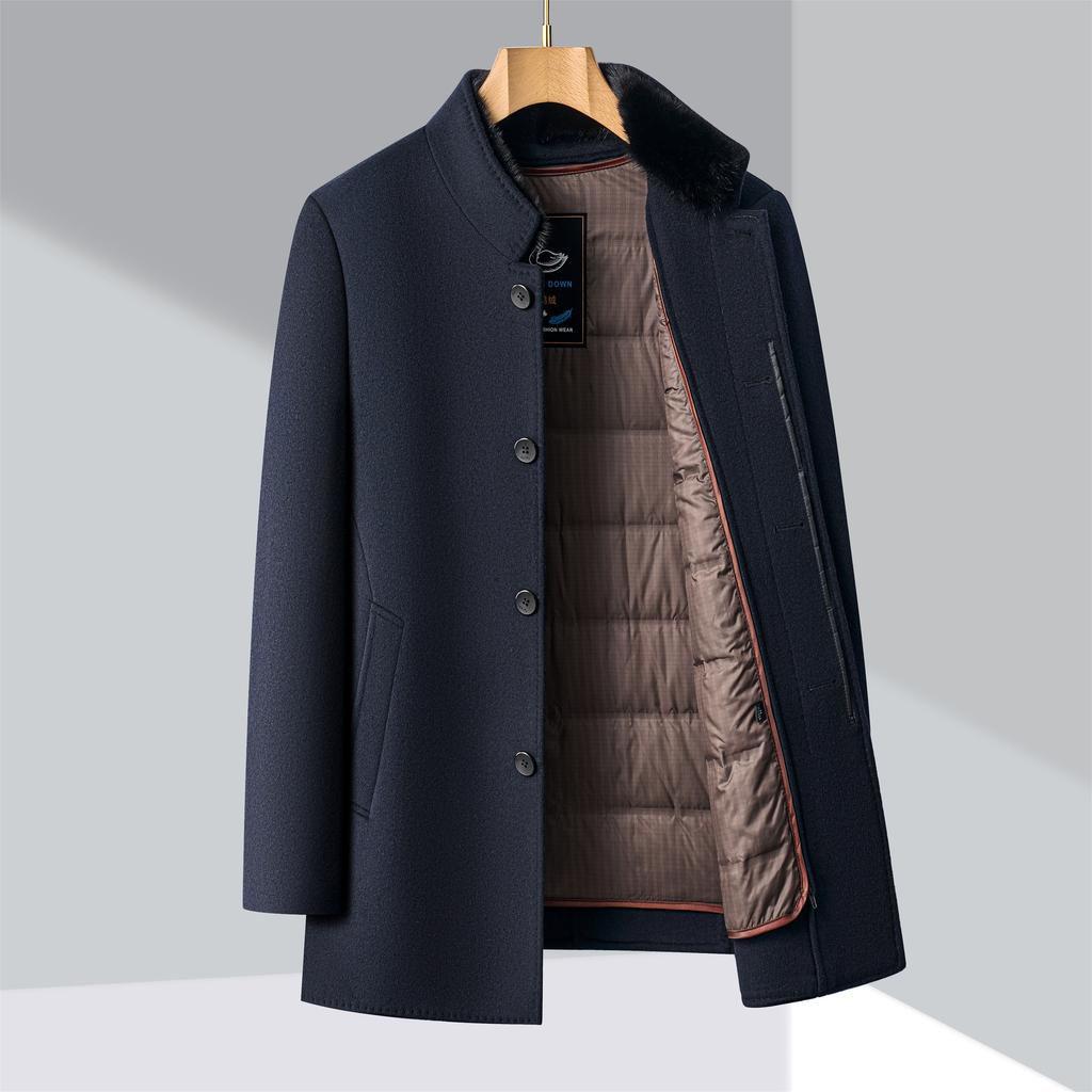 Двустороннее шерстяное пальто мужское со съемной пуховой подкладкой для людей среднего и пожилого возраста шерстяное пальто-папа с воротником-стойкой и меховым воротником