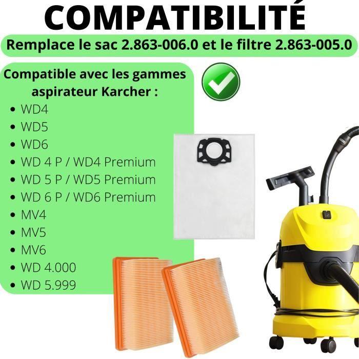 Sac aspirateur et Filtre pour Karcher WD4 WD5 WD6 MV4 MV5 MV6 Sacs 2.863-006.0 [Lot 8] et Filtres 2.863-005.0 [Lot 2] Phonillico®