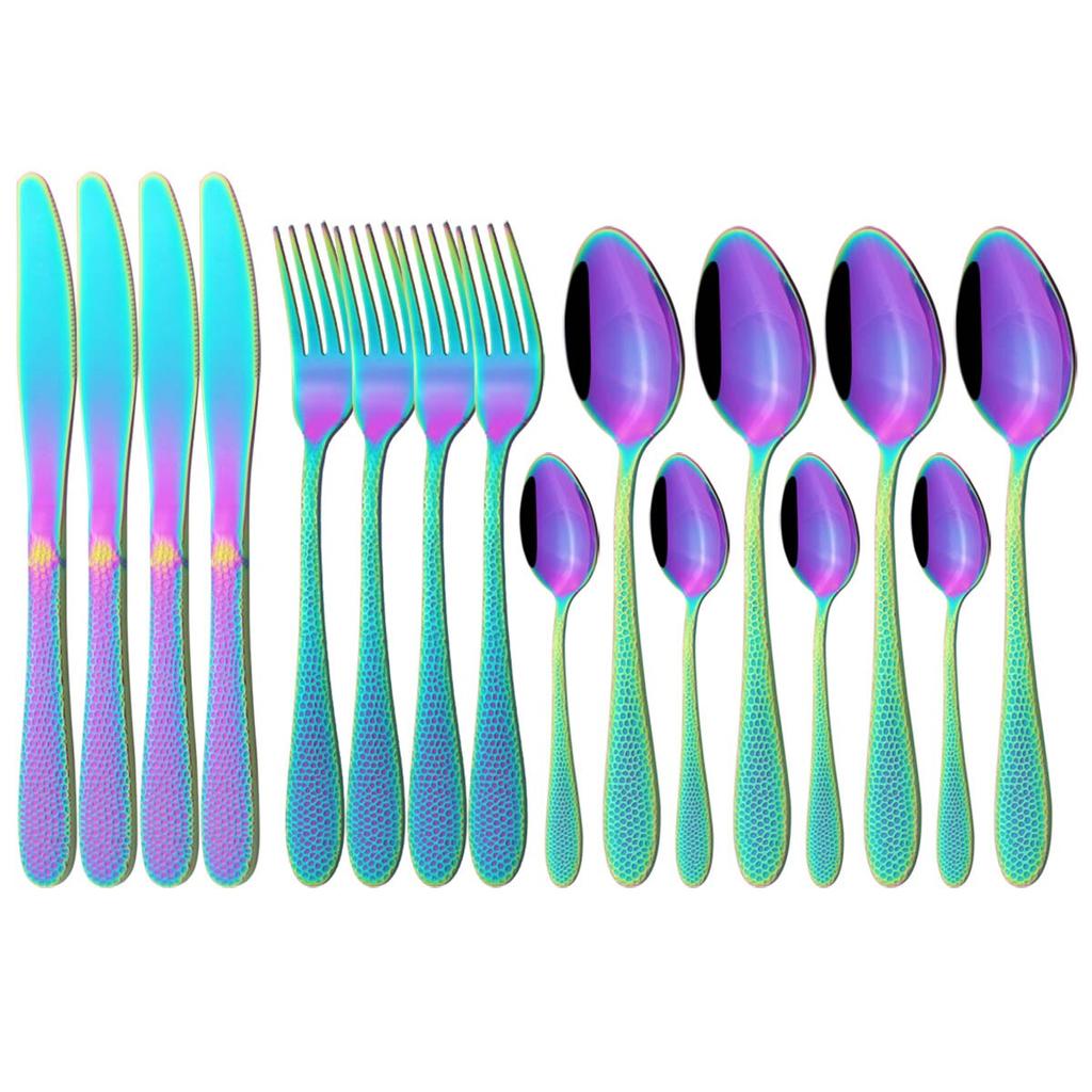 16Pcs Stainless Steel Dinnerware Set Colorful Cutlery Set Knives Fork Tea Spoon Tableware Set Kitchen Flatware Silverware Set