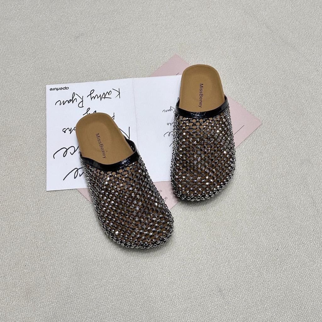 Платформенные женские туфли нишевая кожа отпуск ветер вода бриллиант полушлепки женские 2025 европейская станция повседневная сетчатая плетеная сумка голова шлепки