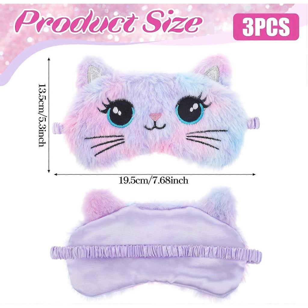 Kids Sleep Mask, 3 Pcs Cute Cat Sleeping Eye Mask Colorful Soft Plush Eye Covers for Sleeping Comfortable Funny Animal Night EyeMasks for Women Girls